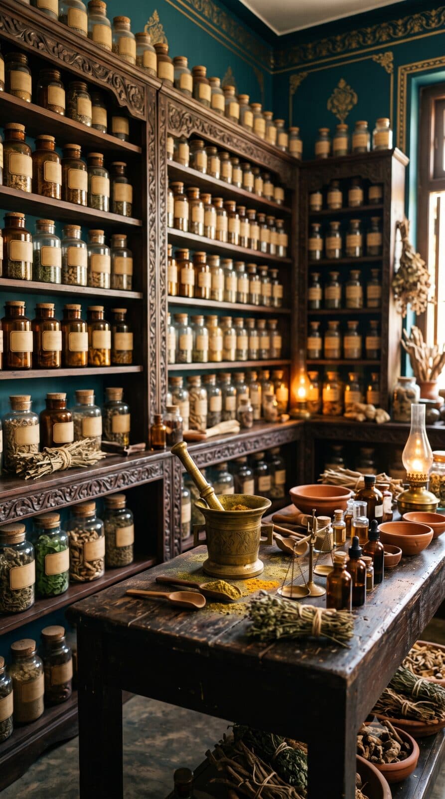 An apothecary's shelves of herbal preparations