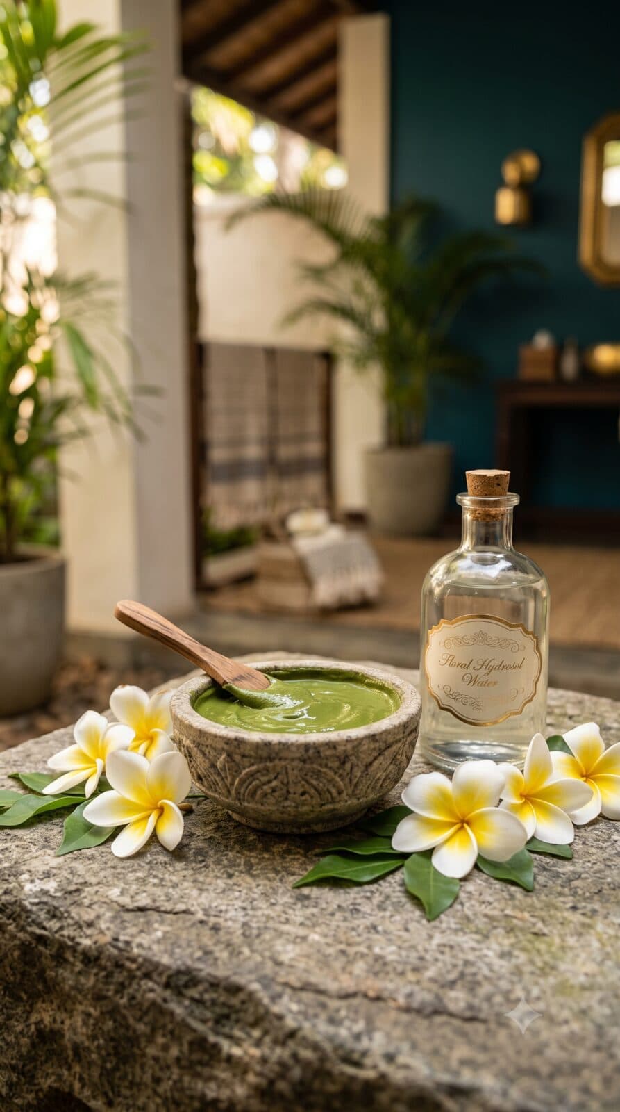 A bowl of herbal paste beside a glass bottle of oil and frangipani flowers